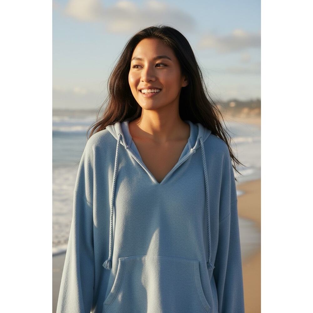 J.Crew Hoodie Women Size M Light Blue Soft Terry V-Neck Pullover Rope Drawcord